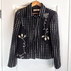 Vintage Canvasbacks Black White Embroidered Wool Tweed Jacket